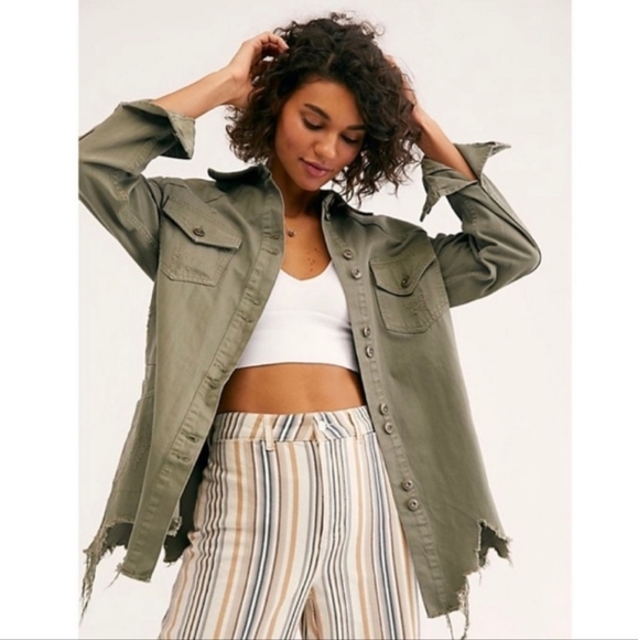 Free People Jackets & Blazers - Free People Moon Child Olive Oversized Denim Jacket, Small